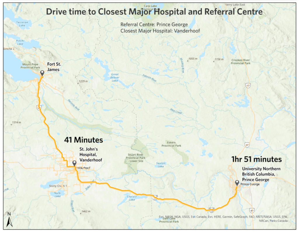 Map of drive-time between Fort St. James, St. Johns Hospital (41 minutes) and UNBC Prince George (1 hour 51 minutes)