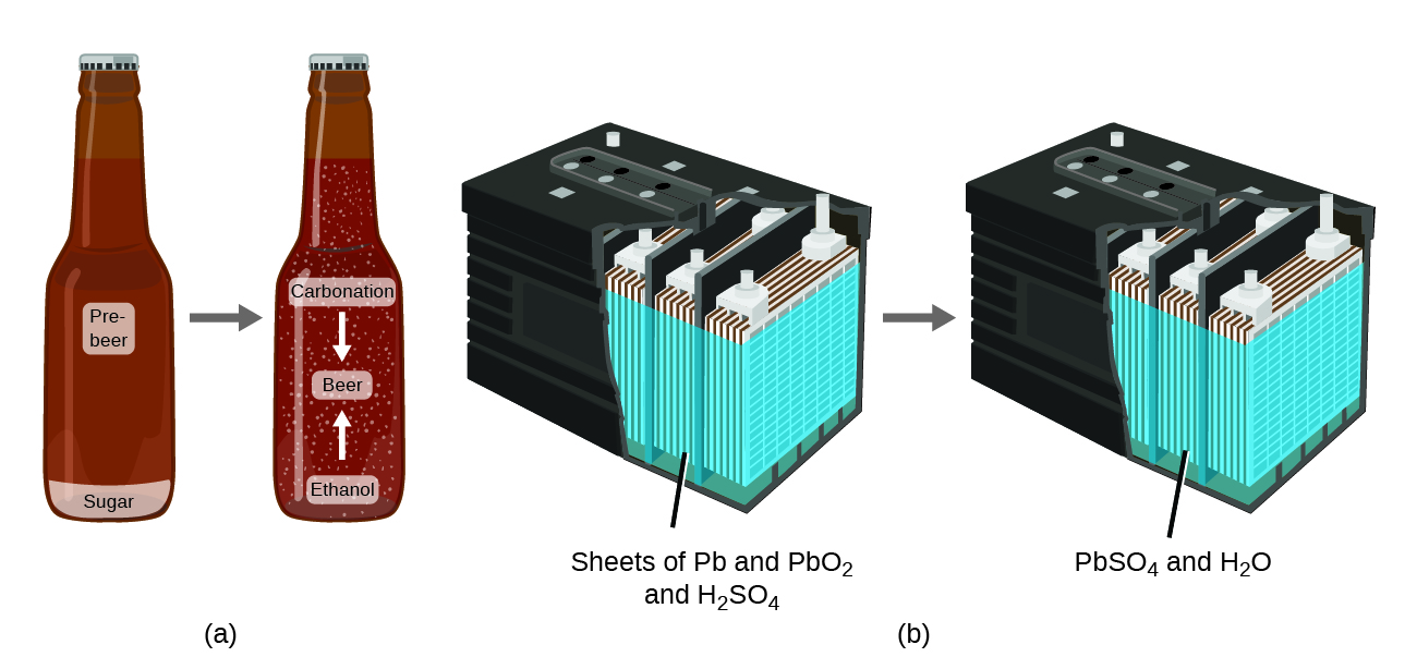 Diagram A shows a beer bottle containing pre-beer and sugar. An arrow points from this bottle to a second bottle. This second bottle contains the same volume of liquid, however, the sugar has been converted into ethanol and carbonation as beer was made. Diagram B shows a car battery that contains sheets of P B and P B O subscript 2 along with H subscript 2 S O subscript 4. After the battery is used, it contains an equal mass of P B S O subscript 4 and H subscript 2 O.
