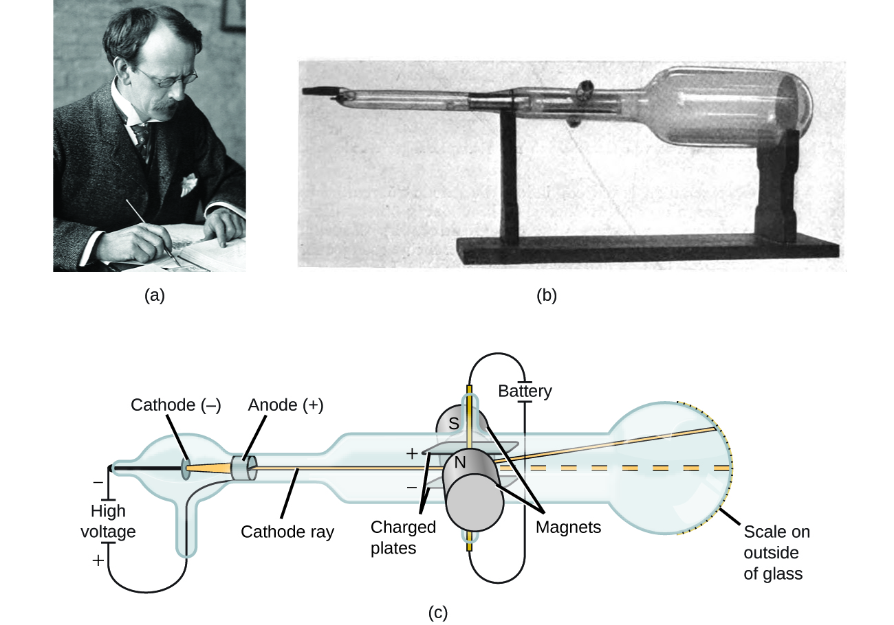 Figure A shows a photo of J. J. Thomson working at a desk. Figure B shows a photograph of a cathode ray tube. It is a long, glass tube that is narrow at the left end but expands into a large bulb on the right end. The entire cathode tube is sitting on a wooden stand. Figure C shows the parts of the cathode ray tube. The cathode ray tube consists of a cathode and an anode. The cathode, which has a negative charge, is located in a small bulb of glass on the left side of the cathode ray tube. To the left of the cathode it says “High voltage” and indicates a positive and negative charge. The anode, which has a positive charge, is located to the right of the cathode. Two charged plates are located to the right of the anode, and are connected to a battery and two magnets. The magnets are labeled “S” and “N.” A cathode ray is generated from the cathode, travels through the anode and into a wider part of the cathode ray tube, where it travels between a positively charged electrode plate and a negatively charged electrode plate. The ray bends upward and continues to travel until it hits the wide part of the tube on the right. The rightmost end of the tube contains a printed scale that allows one to measure how much the ray was deflected.