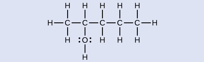A molecular structure of a hydrocarbon chain with a length of five C atoms is shown. The first C atom (from left to right) is bonded to three H atoms. The second C atom is bonded on one H atom and an O atom which is also bonded to an H atom. The O atom has two sets of electron dots. The third C atom is bonded to two H atoms. The fourth C atom is bonded to two H atoms. The fifth C atom is bonded to three H atoms. All bonds shown are single.