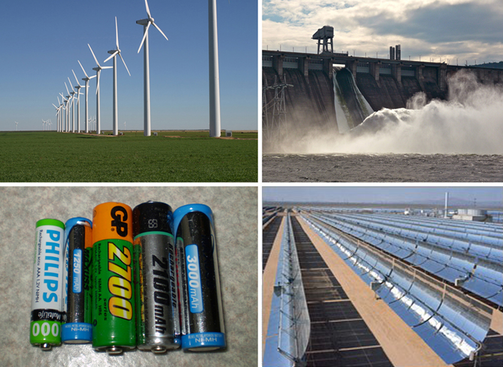 A set of four photographs. The first one shows a row of tall windmills. The second shows water gushing out of the open shutters of a hydroelectric dam. The third shows a set of five batteries of different sizes that can supply voltage to electric circuits. The fourth photograph shows a solar farm.
