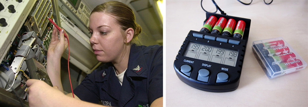 The first photograph shows an avionics electronics technician working inside an aircraft carrier, measuring voltage of a battery with a voltmeter probe. The second photograph shows the small black battery tester which has an LED screen that indicates the terminal voltage of four batteries inserted into its case.