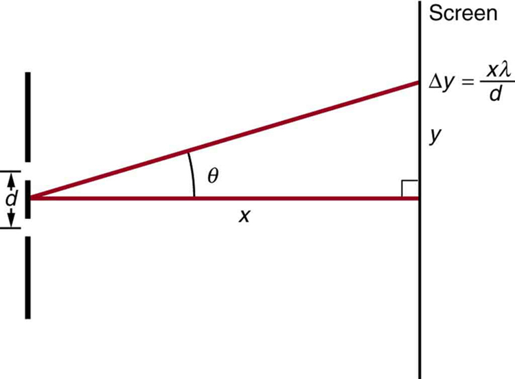 The figure shows a schematic of a double slit experiment. A double slit is at the left and a screen is at the right. The slits are separated by a distance d. From the midpoint between the slits, a horizontal line labeled x extends to the screen. From the same point, a line angled upward at an angle theta above the horizontal also extends to the screen. The distance between where the horizontal line hits the screen and where the angled line hits the screen is marked y, and the distance between adjacent fringes is given by delta y, which equals x times lambda over d.