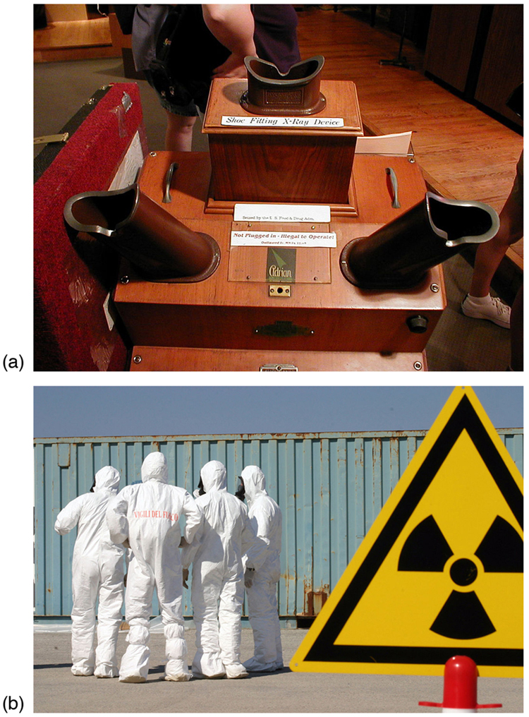 Figure A shows a “shoe fitting x-ray device.” Figure B shows a group of people wearing white protective suits standing near a yellow radiation hazard sign.