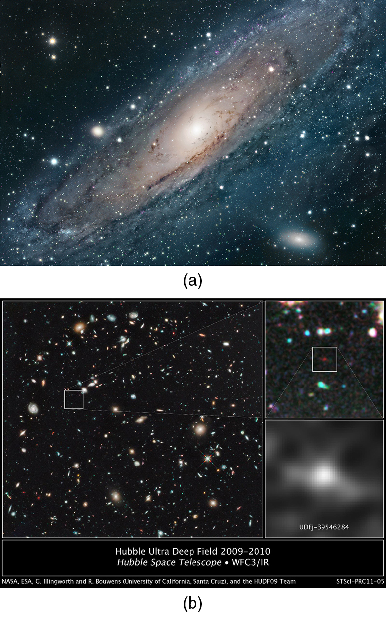 The first image shows a shining spiral cloud of light and dust. The second image contains three sub images. The first is a large scale view of numerous points of lights and light clouds against a black background. A small square appears in the upper left of the image, and the second image is the zoom-in of this square. In the center of this second image appears a small red dot, which is again boxed in by a square. The third image shows a zoomed-in view of the square from the second image and shows a hazy picture of a circular bright spot surrounded by darker regions.