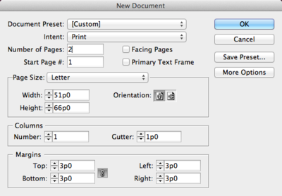 Screen capture of the InDesign® New Document dialog, showing specifications for setting up the document in this lesson. Number of pages: 2, Page Size: Letter, Columns: 1. All other settings are left at their default values.