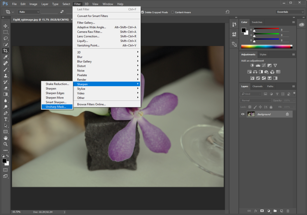 Screencapture showing how to access the Unsharp Mask filter from the Photoshop® Filters menu.