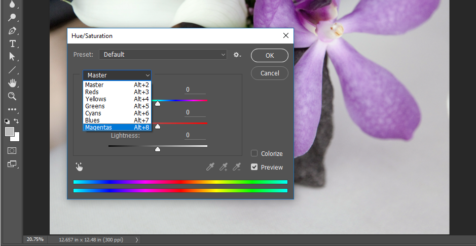 Screencapture showing Hue/Saturation adjustment dialog box with "Magentas" being selected from a drop-down menu for the target hues.