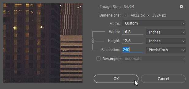 Screen capture showing the Photoshop® Image Size dialog with the Resolution value set to 240 Pixels/Inch and the Resample checkbox unchecked.
