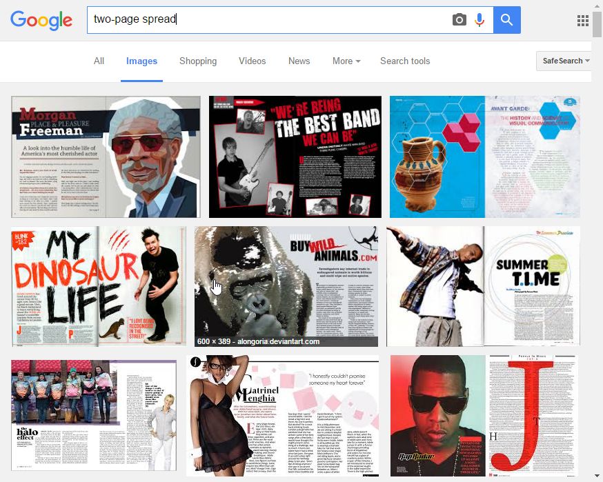 Screen capture of Google image results for searching "two-page spread"
