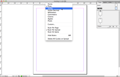 Screen capture showing the control-click (right-click) menu for setting the InDesign® rulers to use inches as their unit of measure.