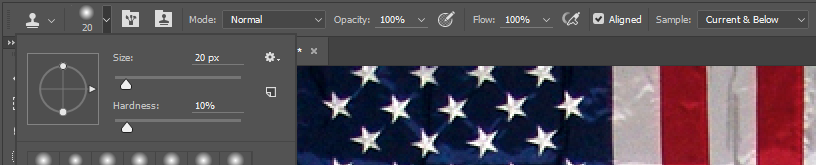 Screencapture showing Clone Stamp Tool Options in the Photoshop® Options Panel.