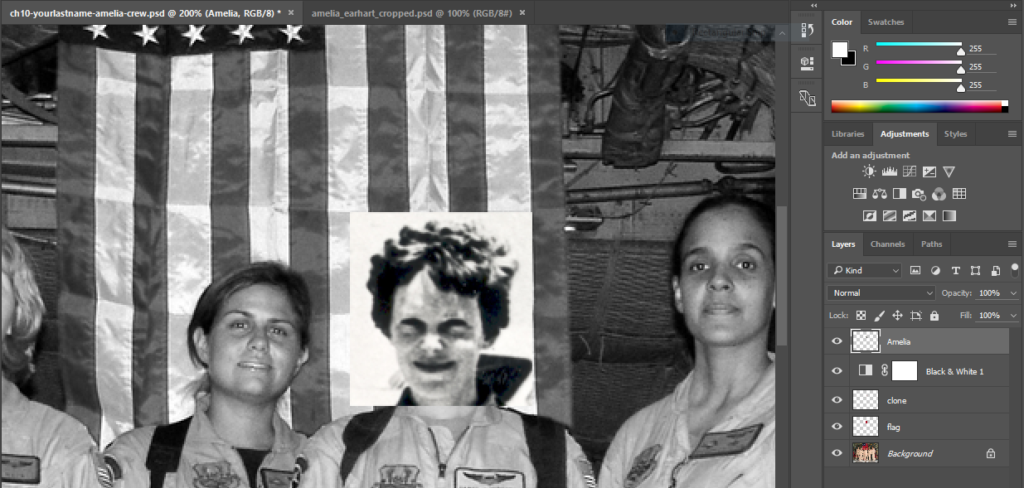 Screen capture of Photoshop® showing Amelia Earhart's head added as a layer in the C-130 crew photo.