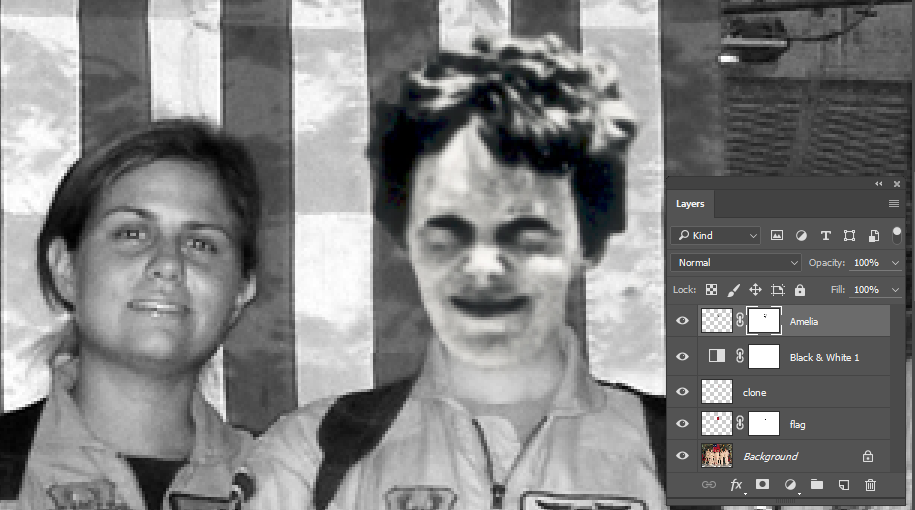 Image showing completed layer mask, blending Amelia Earhart's image into the crew photo.