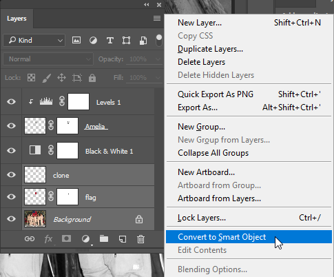Screen capture of Layers Panel with menu displayed and "Convert to Smart Object" selected.