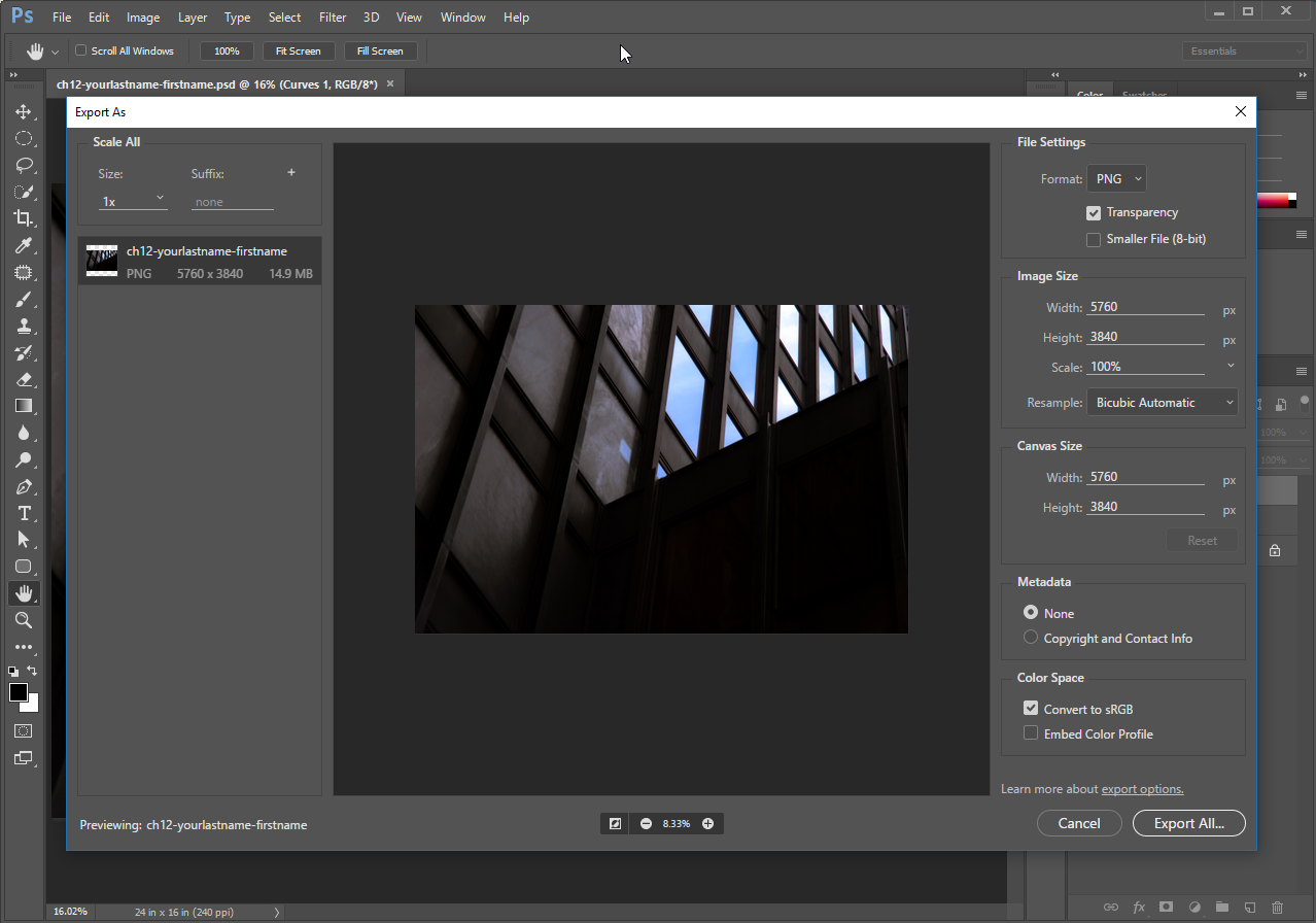 Exporting the adjusted image using the Export As dialog.