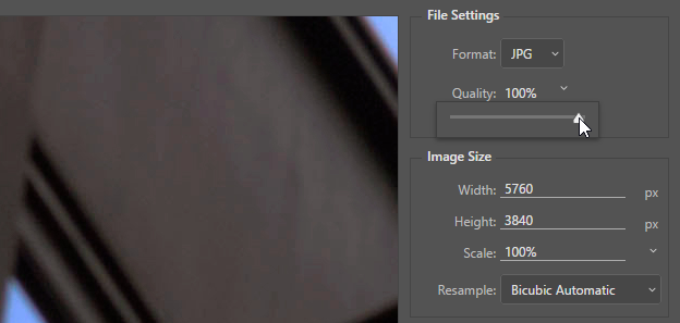 Screen capture showing adjustment of the Export As JPEG Quality slider.