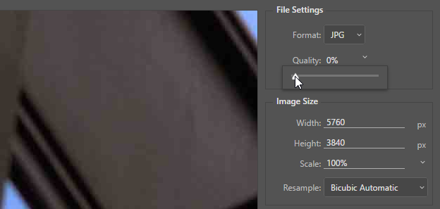 Screen capture showing the Export As JPEG Quality slider set to 0%