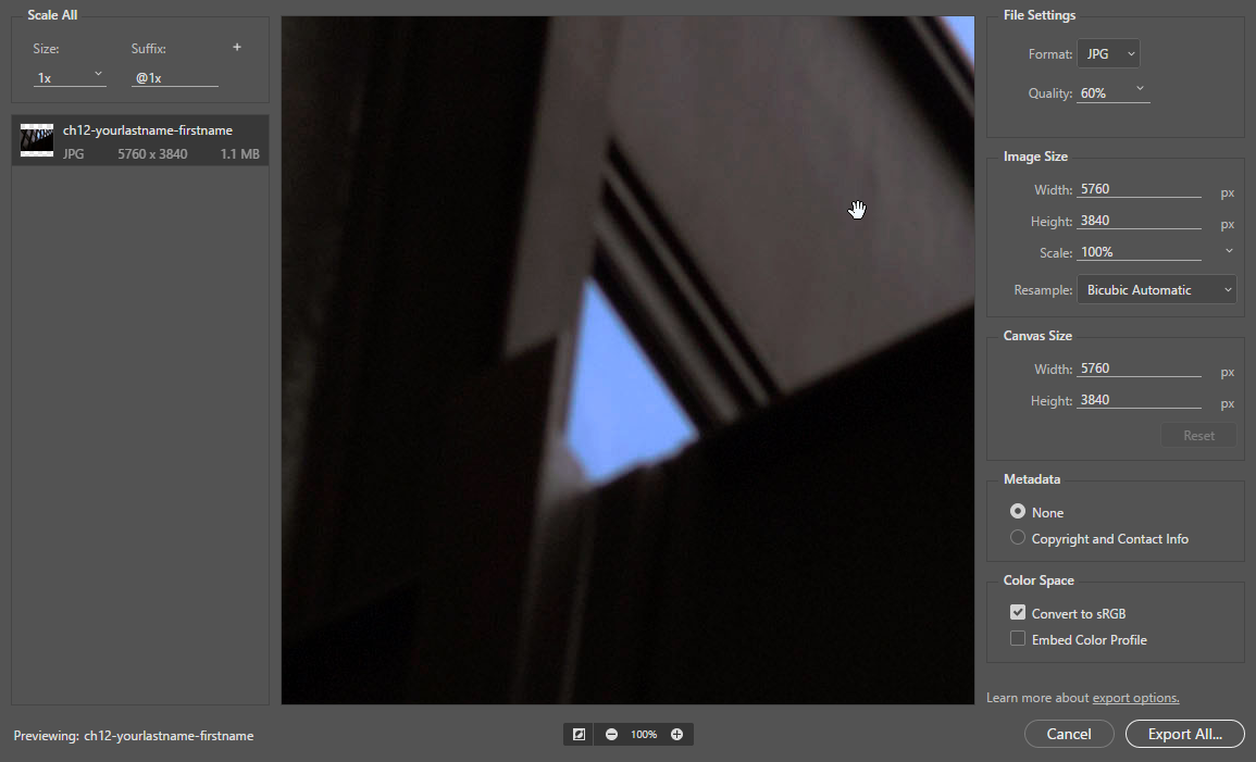 Screen capture showing the Export As dialog with a JPEG quality setting of 60%.