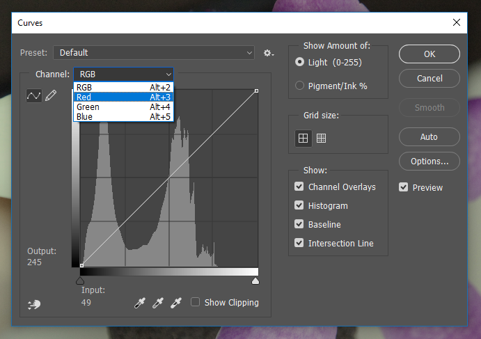 Screencapture of the Adobe® Photoshop® Curves Adjustment dialog box, consisting of a histogram with controls to adjust dark, midtone, and light values in an image.