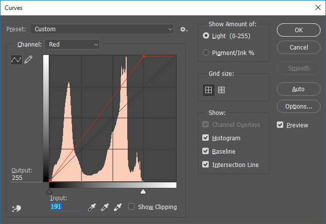 Screencapture of the Adobe® Photoshop® Curves adjustment dialog box, set to adjust the Red channel.