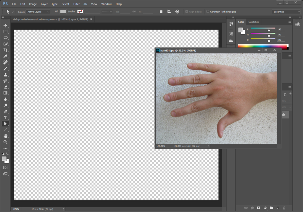 Screencapture showing two documents open in Adobe® Photoshop®. One is a new blank canvas displayed in the main editing area, the other is an image of a hand that is overlapping the main application window.