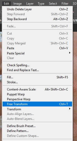 Screencapture showing the Adobe® Photoshop® Edit menu with "Free Transform" selected.