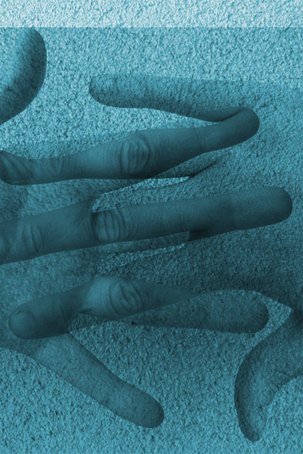 Blue image of two overlapping hands.