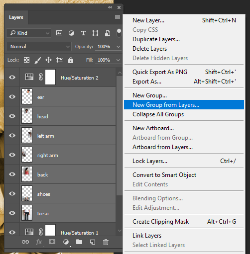 Screencapture of the Photoshop® Layers Panel's menu, with "New Group from Layers..." selected.