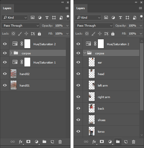 Screencapture of the Photoshop® Layers Panel showing the "corpse" layer group collapsed and expanded.