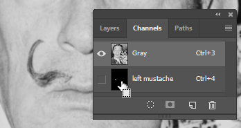 Screen capture showing Channels panel with mouse pointer positioned over the "left mustache" channel and the "Load As Selection" cursor displayed.