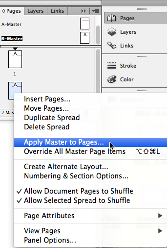 Apply the B-Master page to page 2 by right-clicking or Control-clicking on the page 2 icon