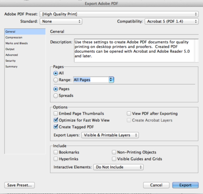 Export Adobe PDF dialog box