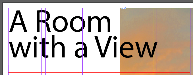Screen capture showing a text frame containing the words "A Room with a view". A soft return has been used to separate the words into two lines, "A Room" and "with a View".