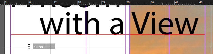 Screen capture showing a horizontal guide being positioned at the 17p6 vertical ruler mark of the page layout.