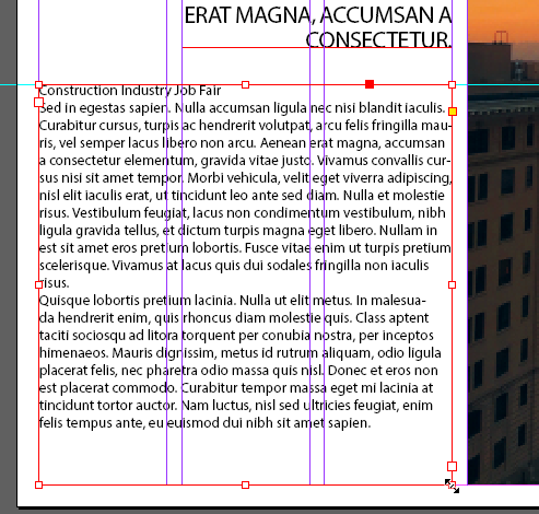 Screen capture showing a text frame containing text from the provided bottom_paragraph.txt file. The frame's top is aligned with a horizontal guide placed at 37p0 and the frame spans the three left columns in the page spread.