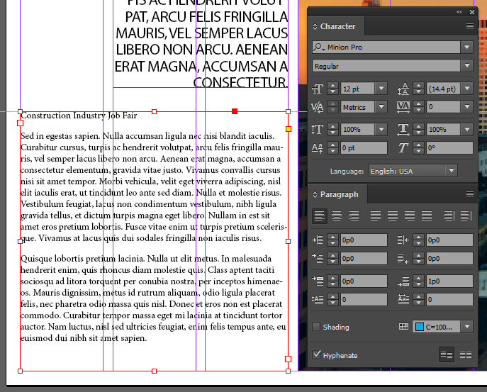 Screen capture showing the bottom paragraph text frame after setting the type specifications given in this step.