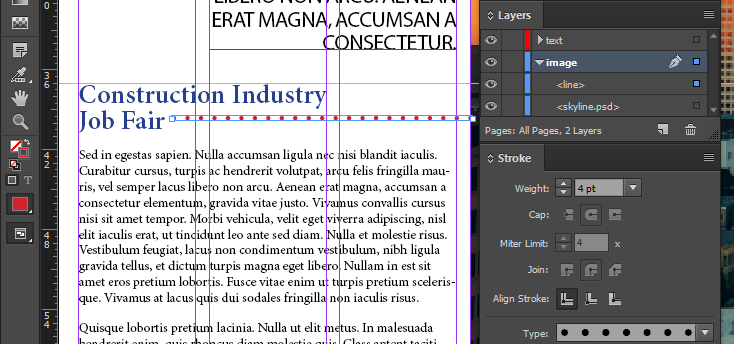 Screen capture showing a dotted red line placed next to the words "Job Fair". The InDesign®  Layers panel is also shown, with the line object located in the "image" layer created in a previous exercise in this chapter.