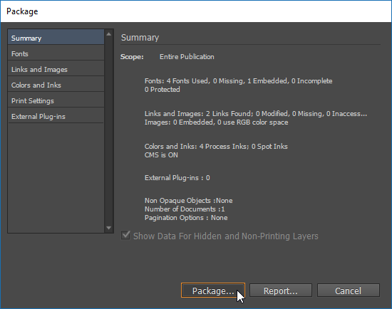 Screen capture of the InDesign® Package dialog box. A mouse pointer in the screen capture is clicking the "Package..." button.