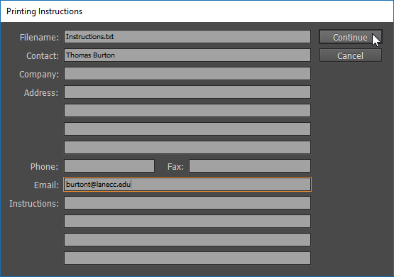 Screen capture showing the Printing Instructions dialog box with information entered into the Contact and Email fields.