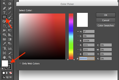 Close up of the Rectangular Shape tool and the Color Picker locations