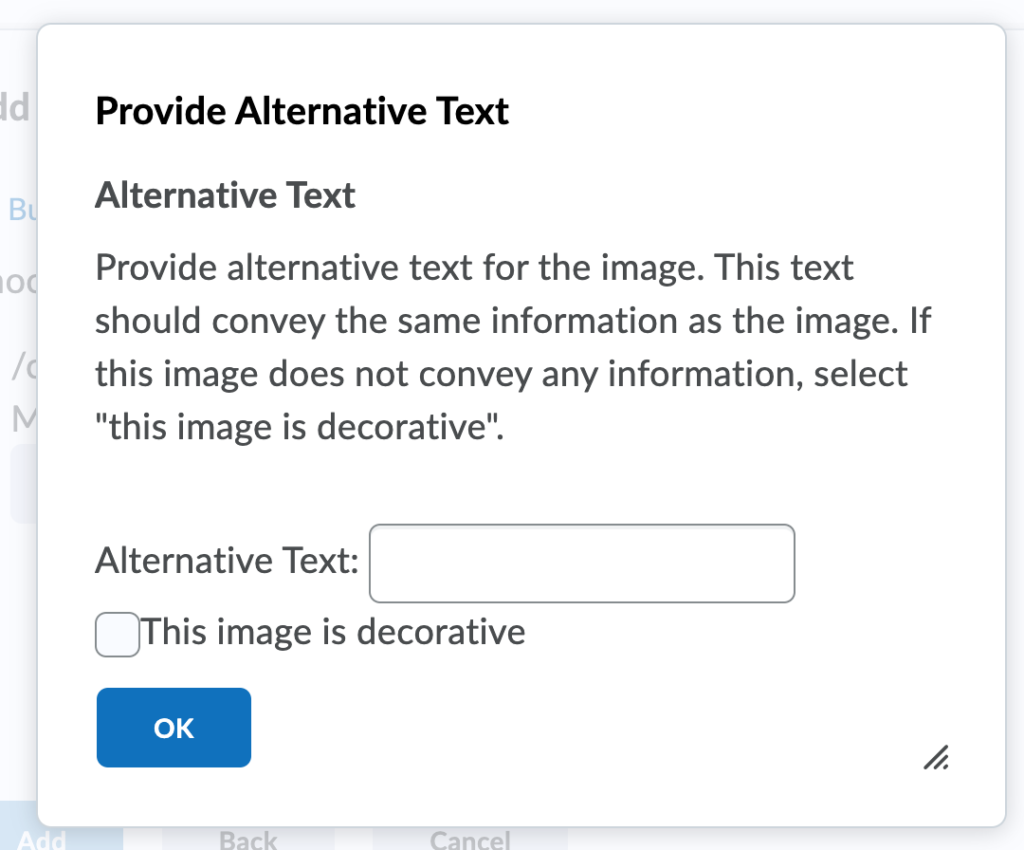 Pop up for adding Alt Text when uploading an image in VIULearn.