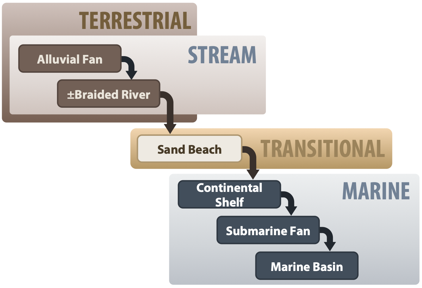 Alluvial Fan ↓ (+/-Braided river) Sand Beach ↓ Continental Shelf ↓ Submarine Fan ↓ Marine Basin