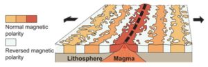 A mid ocean ridge showing how the magnetic minerals within surface basalt indicate polarity and point to either of the poles proving that Earth undergoes magnetic reversals.