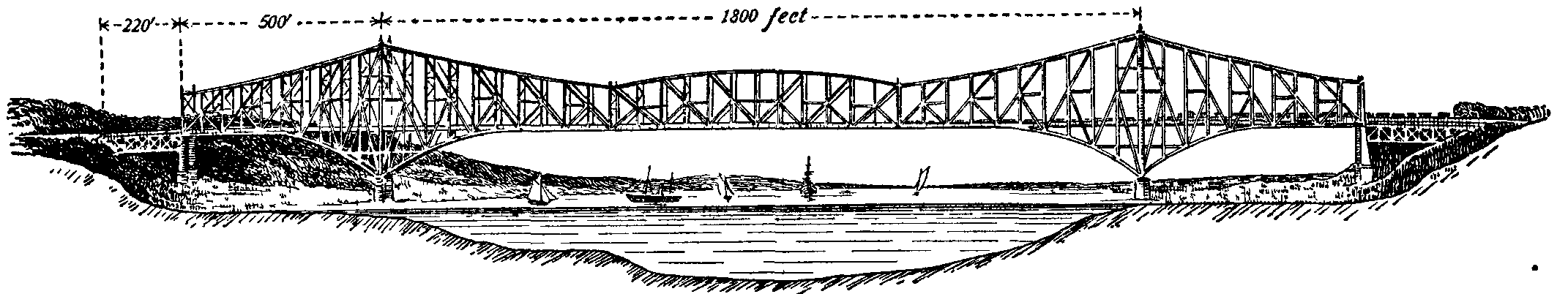 Black and white drawing of a cantilevered bridge over a river.