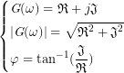 \begin{equation*} \begin{dcases} \textit{G}(\omega)=\mathfrak{R}+j\mathfrak{J}\\ |\textit{G}(\omega)|=\sqrt{\mathfrak{R}^{2}+\mathfrak{J}^{2}}\\ \varphi=\tan^{-1}(\frac{\mathfrak{J}}{\mathfrak{R}})\\ \end{dcases} \end{equation*}