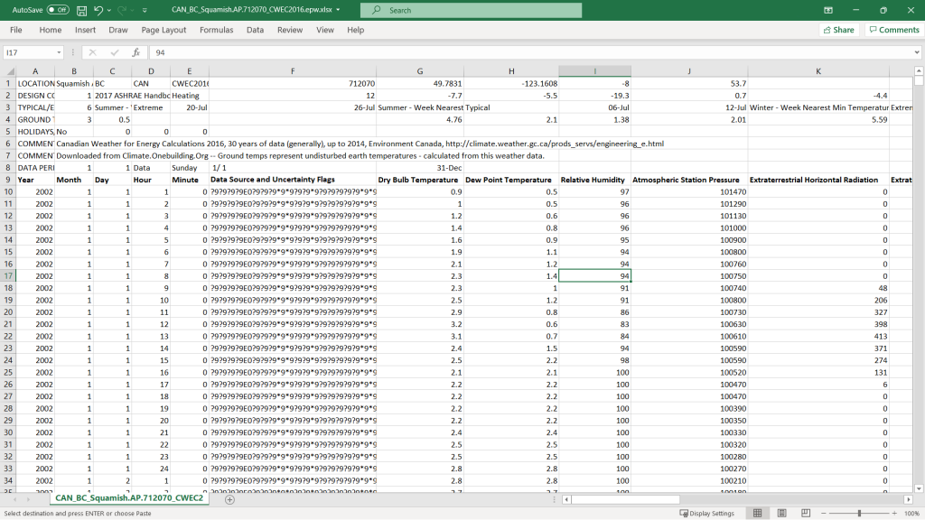 CWEC2016 file for Squamish opened in Excel with headers added