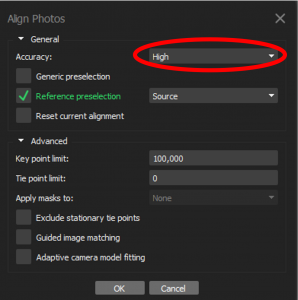 Align photos window showing high alignment using reference parameters