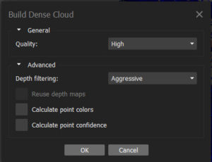 Screen shot of the MetaShape Dense Cloud dialogue box showing high quality and aggressive depth filtering settings