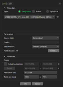 Screen shot from MetaShape showing default settings in the Build DEM dialogue box including projection set to geographic and EPSG 6653, source data is dense cloud, interpolation is enabled,